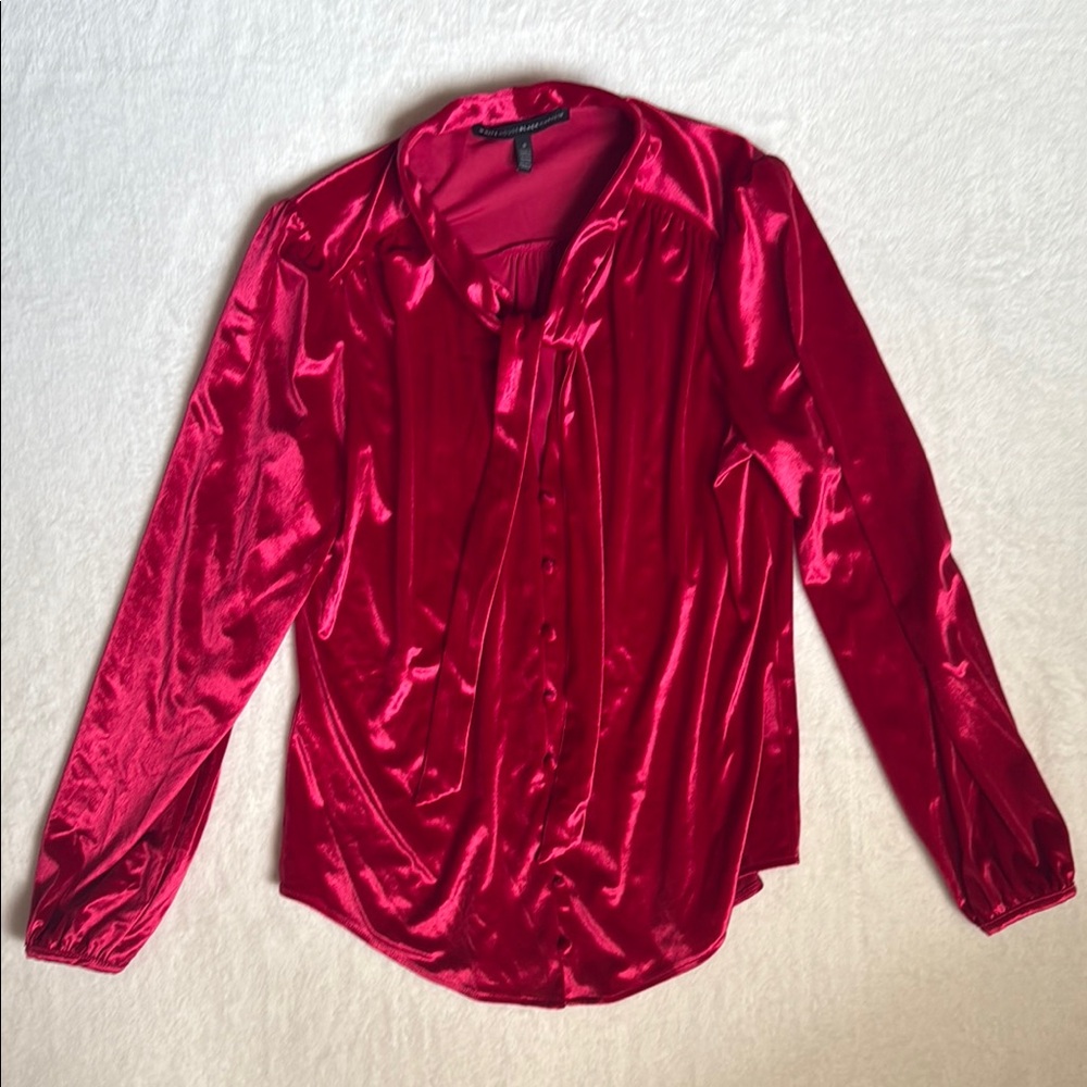White House Black Market Red Long Sleeve Velvet Buttoned Blouse